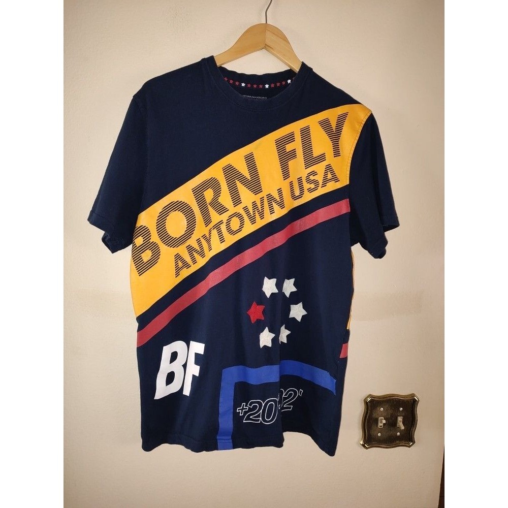 Men's Born Fly Dark Blue Orange Decoration T-Shirt Size L
